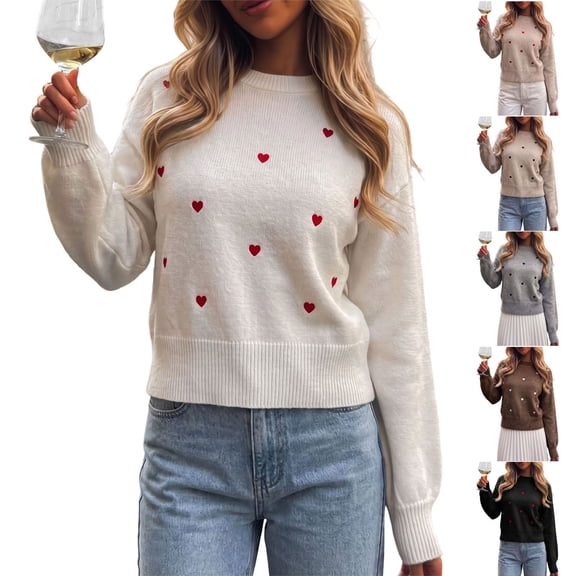Smsaxvxz Women's Crew Neck Fall Winter Sweaters Fashion Long Sleeve Heart Embroidery Ribbed Knit Pullover Tops White XL