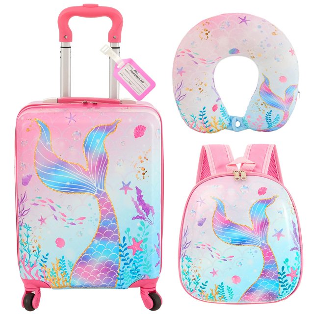 set de equipaje sanwuta kids, mochila con almohada, 4 unidades maleta rodante 17" y mochila 11" con estampado de sirena en púrpura, rosa y azul; carcasa rígida (policarbonato y ABS) con detalles en nylon, ruedas 360°, asa telescópica, cremallera con opción de bloqueo, incluye almohada de cuello y etiqueta de nombre; también ideal para enseñar a los niños a empacar y organizar sus pertenencias.