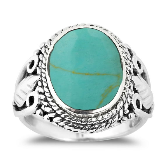 Vintage Inspired Round Green Turquoise Leaf Accent Sterling Silver Ring – 8