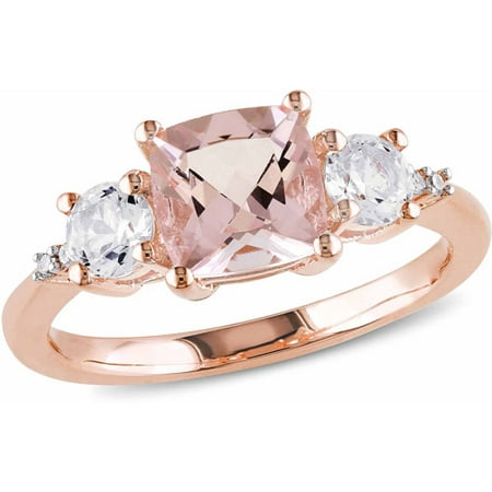 2-1/3 Carat T.G.W. Morganite and Created White Sapphire with Diamond Accent Rose Rhodium-Plated Sterling Silver Three-Stone Ring