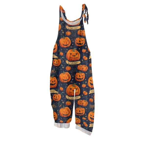 IYYVV Halloween Jumpsuits for Women 2026 Sleeveless Pumpkin Graphic Rompers Pants Adjustable Strap Baggy Overalls Yellow 3XL