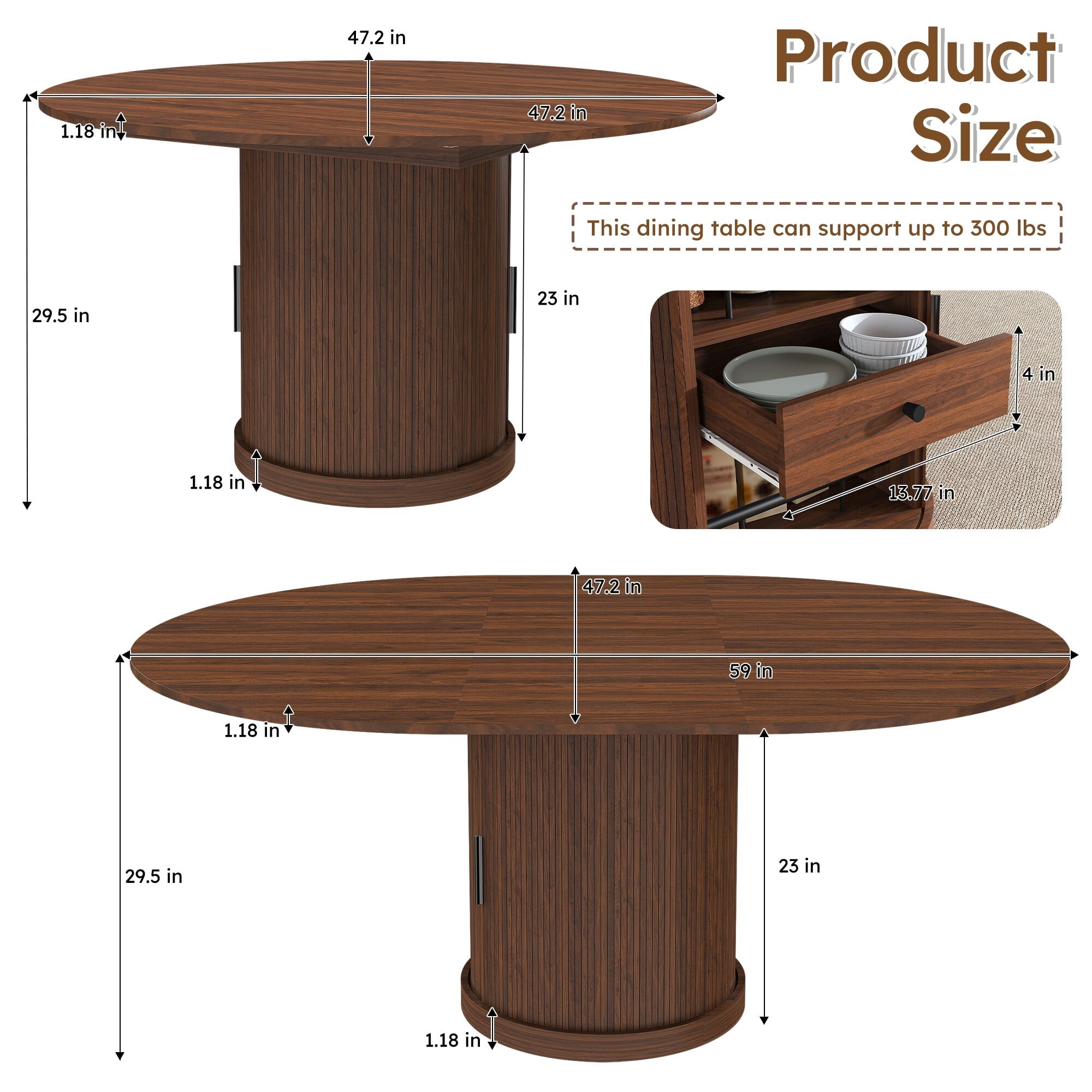 AENKYO 47-59" Extendable Oval Dining Table, Modern Kitchen Table with Storage Pedestal & Drawer, Walnut