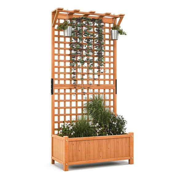 Gymax Wooden Planter Raised Garden Bed 35.5'' x 17.5'' x 72.5'' Natural Fir Wood with Trellis