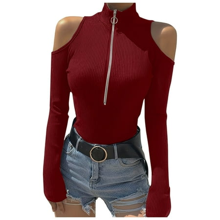 Women T Shirt Sexy Neck Long Sleeve Cutout Shoulder Top Bodysuit Turtleneck Clubwear Tshirts Women RD1 XL