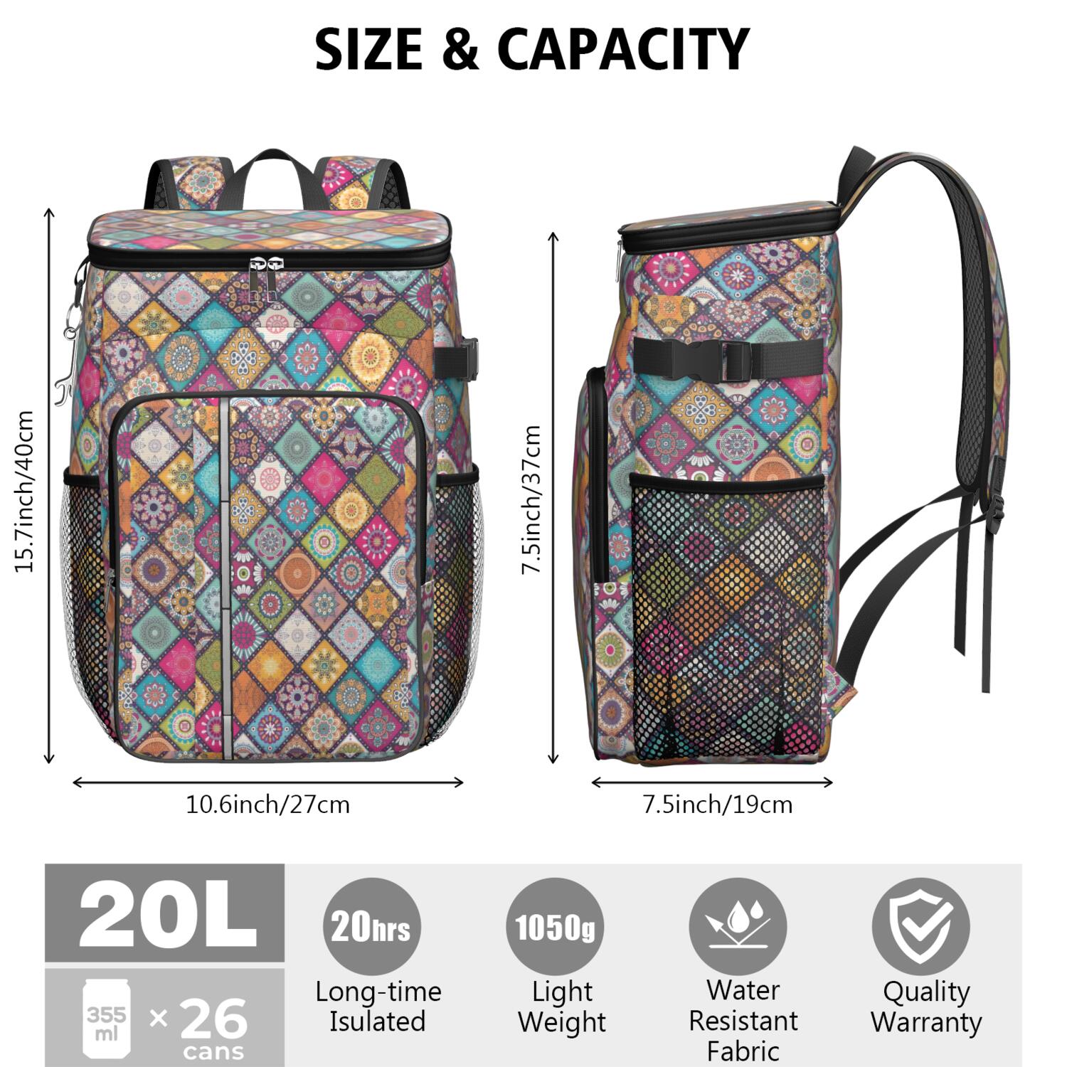 Travel Cooler Bag - Boho Bohemia Flower Camping Beer Cooler Backpack with Bottle Opener- Waterproof Insulated Picnic Backpacks - Cooler Bag for Beach