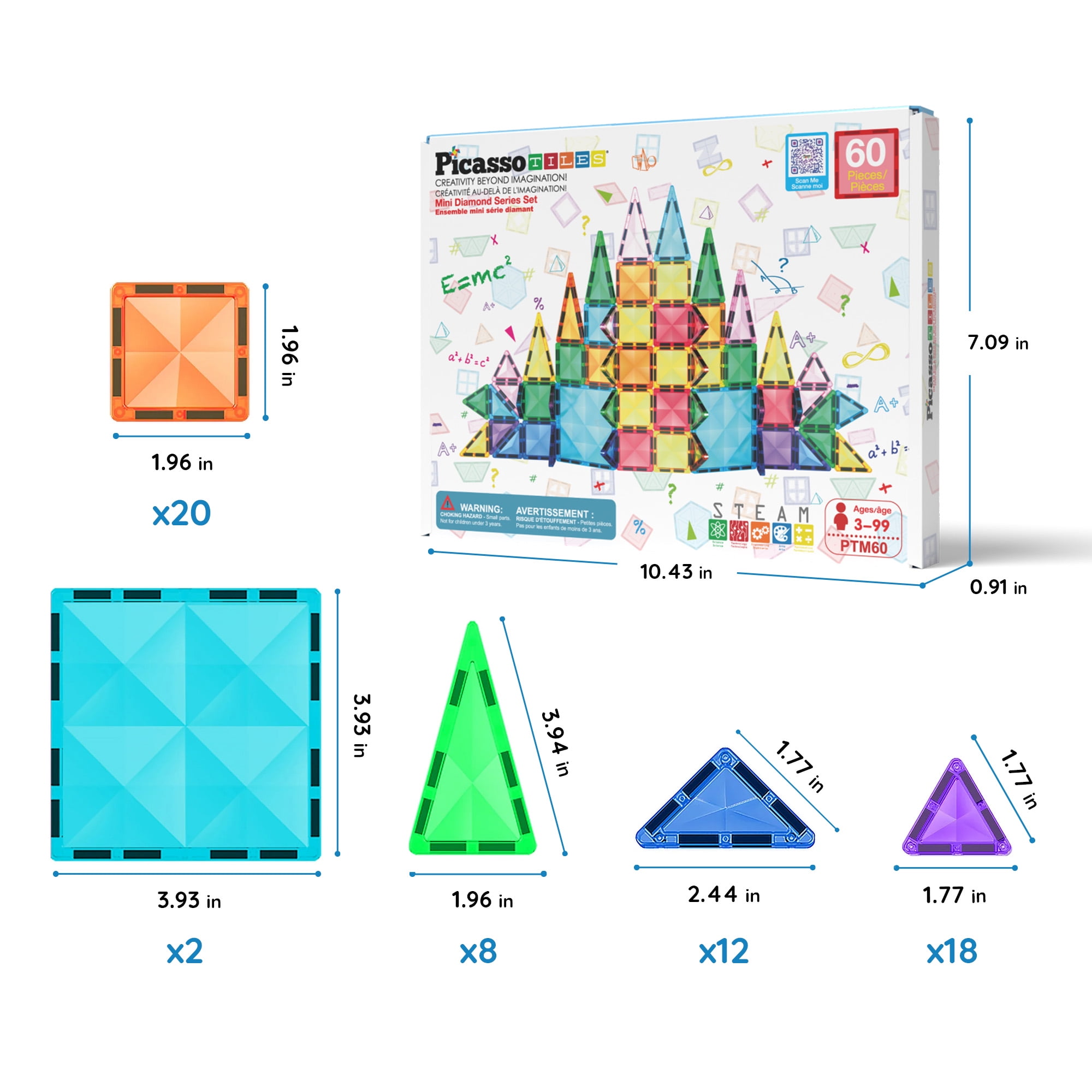 PicassoTiles Mini Magnetic Tiles for Kids – 60PCS STEM Construction Building Blocks Travel Toy Set