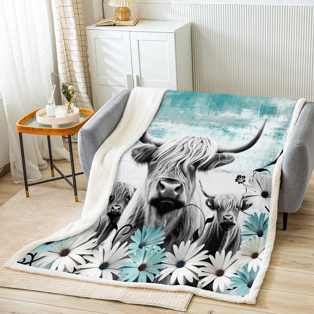 Highland Cow Print Blanket,Teal Western Farmhouse Throw Blanket Rustic Home Decor,Longhorn Cattle Farm Animal Fleece Blanket Daisy Flowers Fuzzy Blanket Cowboys Gifts for Men Women 50"x60"