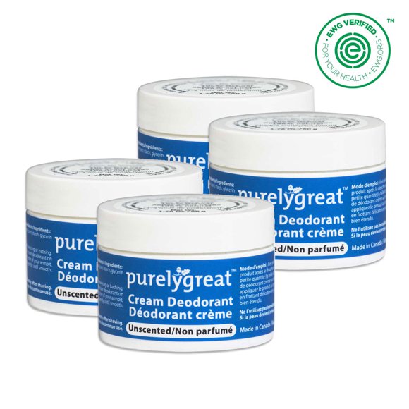 4 Pack - Purelygreat Natural Deodorant Cream - Unscented 50g Aluminum Free Vegan, Made in Canada