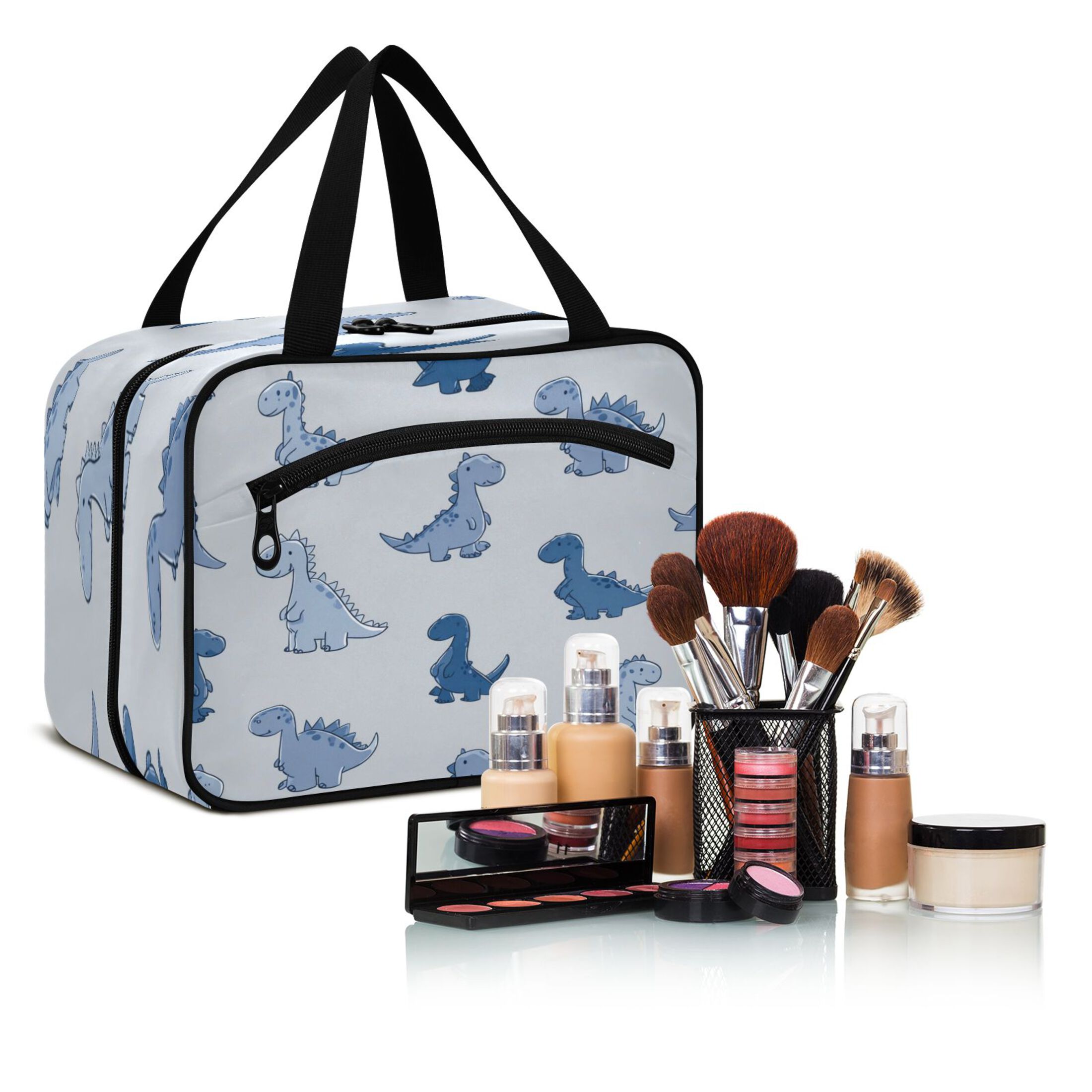 Travel Toiletry Bag with Metal Hook Large Capacity Cosmetic Bag Toiletry Bags for Travel, Gym, Camping Cute Blue Dinosaurs