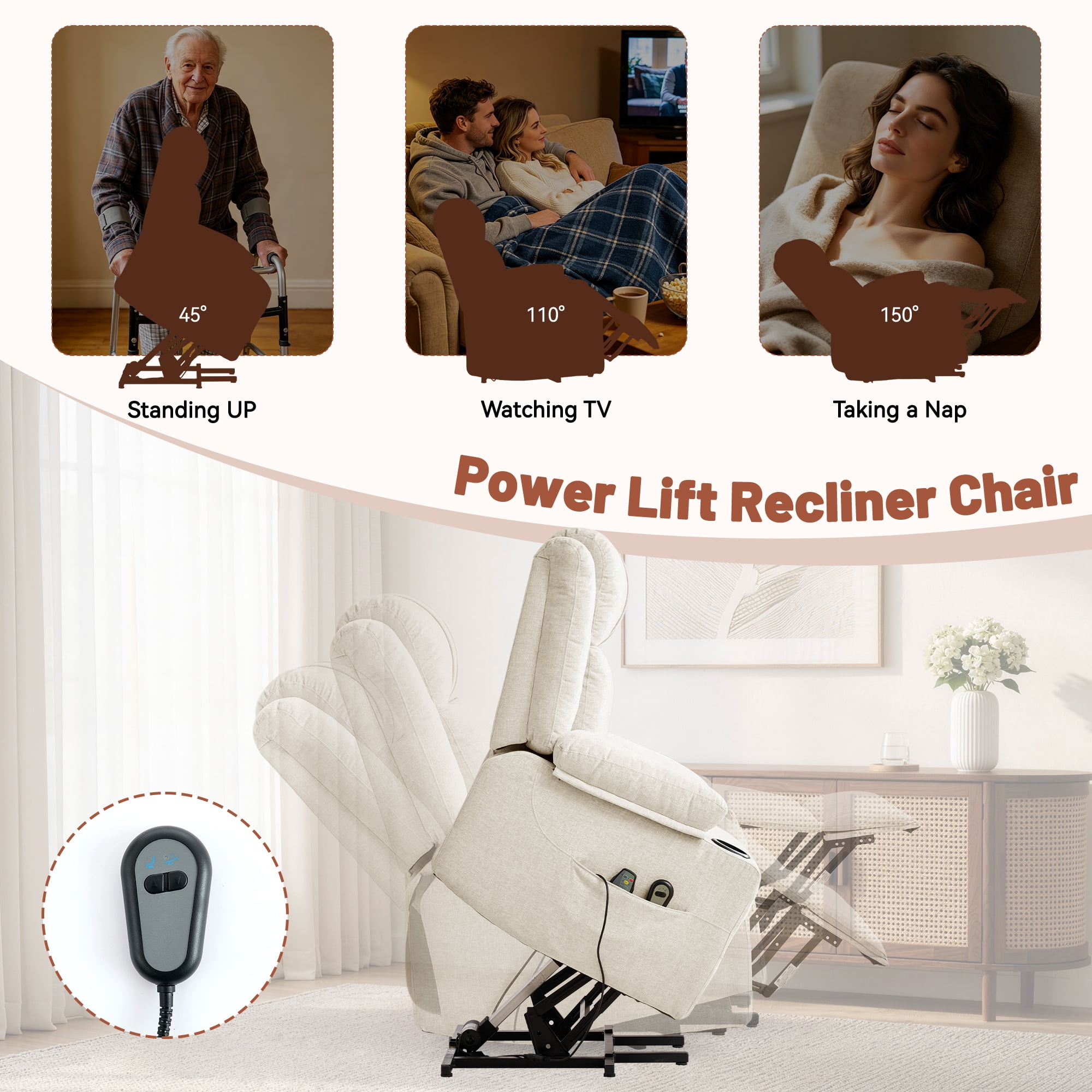 Korser Power Lift Recliner Chair for Elderly with Massage and Heat,Electric Lift Reclining Chair with Side Pockets and Cup Holders,Massage Recliner Chair for Living Room,Chenille,Beige