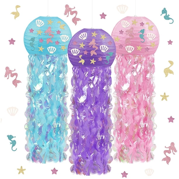 3 farolillos de papel de medusas de verano, farol colgante rosa morado azul para decoración de fiesta temática de sirena bajo el mar, suministros de farol de fiesta oceánica LingWen 8390606091918