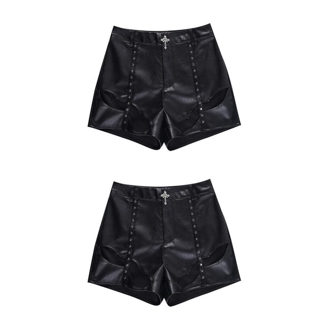 Minnieouse Pantalones cortos de poliéster de cuero PU para mujer, disfraz de Cosplay para discoteca para niñas, pantalones de cintura alta, ropa S 2piezas