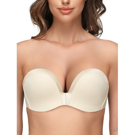 Wingslove Women s Seamless Strapless Push Up Bra Full Figure Wirefree Multiway Convertible bra  Beige 40D