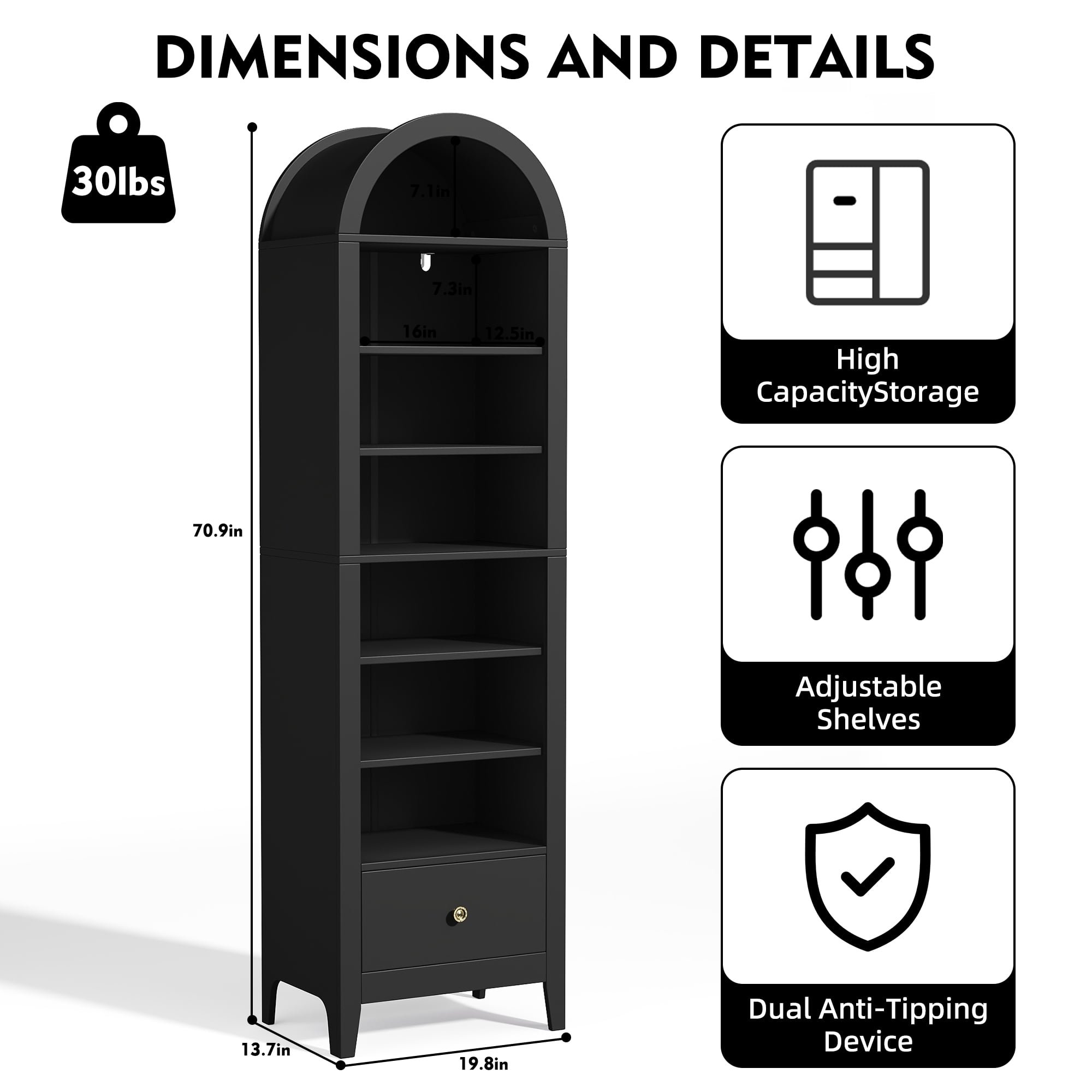 NEGYLIM 71" Tall Arched Storage Cabinet with Drawer, Freestanding Kitchen Pantry Cabinet with Doors and 8 Adjustable Shelves, Narrow Tall Cabinet for Bathroom Living Room Office, Black