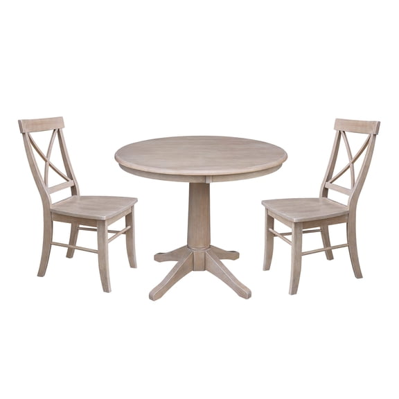 36" Round Dining Table and 2 X-back Chairs in Washed Gray Taupe - Set of 3