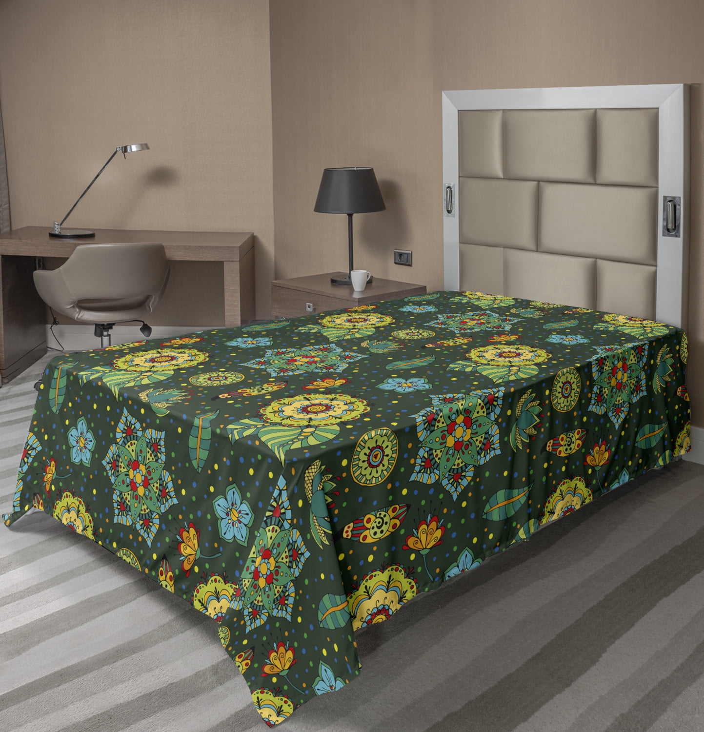 Floral Flat Sheet, Colorful Flower Arrangement Fantasy Hand Drawn