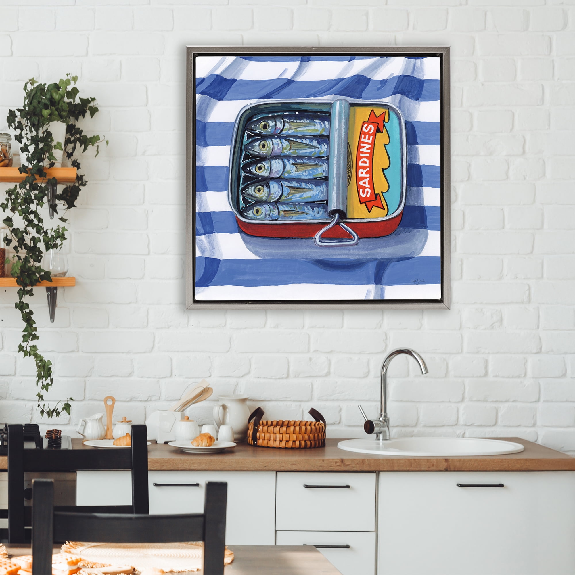 Stupell Industries Sardines On Striped Cloth Gray Framed Floater Canvas Wall Art, design by Kate Jarvik Birch