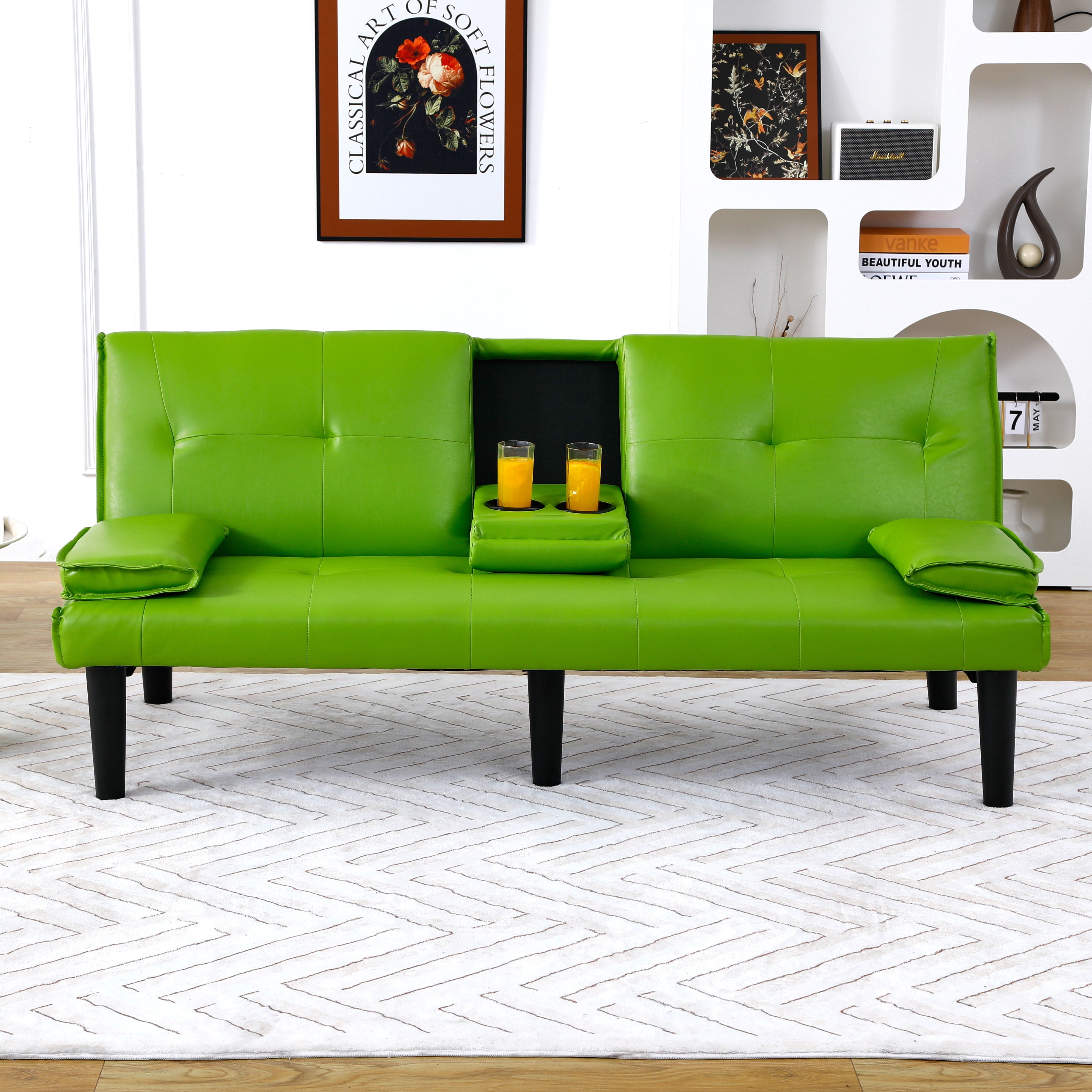 BSHTI 67-inch Foldable Futon Sleeper with S-Spring Support, 2-Seater Convertible Sofa Bed, PVC Faux Leather, Simple Assembly, Green