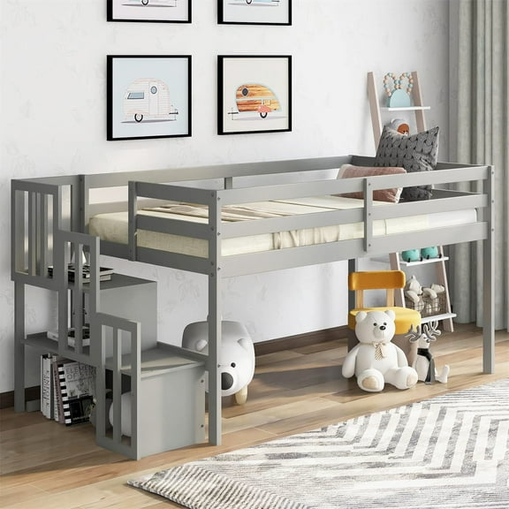 Gewnee Wood Twin Low Loft Bed with Storage Staircase and Safety Guardrails for Kids,Gray