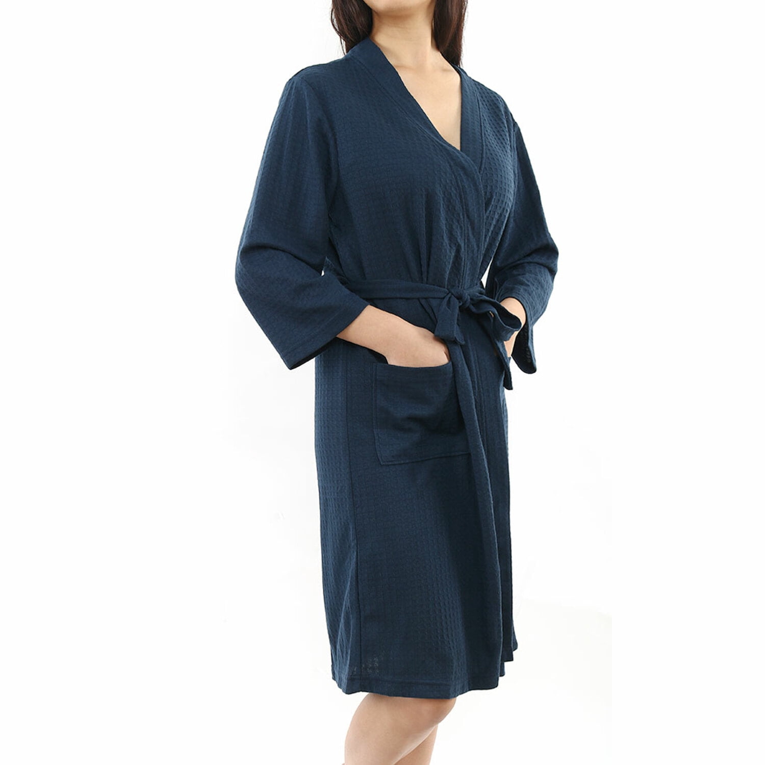 Unique Bargains Women's Bathrode Knee Length Knit Waffle Spa Robe XL Navy Blue