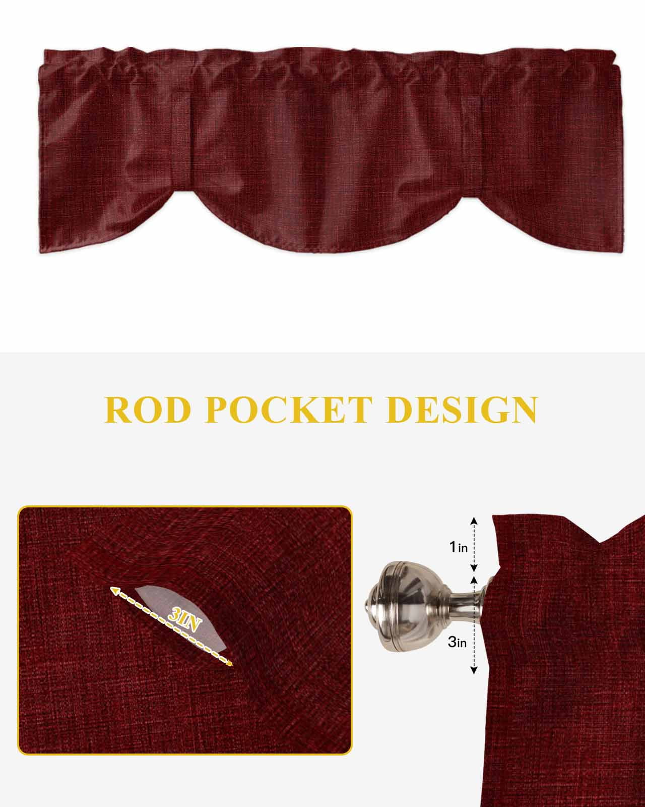 Wine Red Linen Tie Up Valances Curtain, Adjustable Kitchen Farmhouse Pure Color Country Farm Valances for Windows Decor, Rod Pocket Short Curtains Set for Bedroom/Bathroom, 54"x18"
