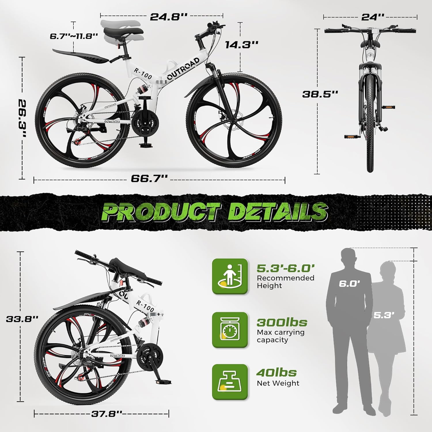 SUNCROWN 26 Inch Folding Mountain Bike, 21 Speed Full Suspension High-Carbon Steel MTB Foldable Bicycle, Dual Disc Brake Non-Slip Folding Bikes for Adults/Men/Women