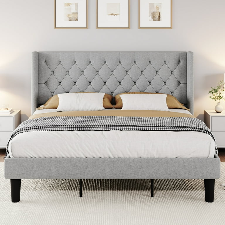 SHA CERLIN King Size Bed Frame with Wingback, Tufted