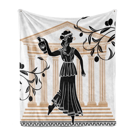 Retro Soft Flannel Fleece Throw Blanket, Greek Woman with Amphora Building and Olive Branches Culture Folk Pattern, Cozy Plush for Indoor and Outdoor Use, 70" x 90", Sand Brown Black, by Ambesonne