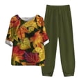 thumbnail image 2 of Ladies Five Sleeve Printed Blouse Pants Two Piece Suit, Green L, 2 of 3
