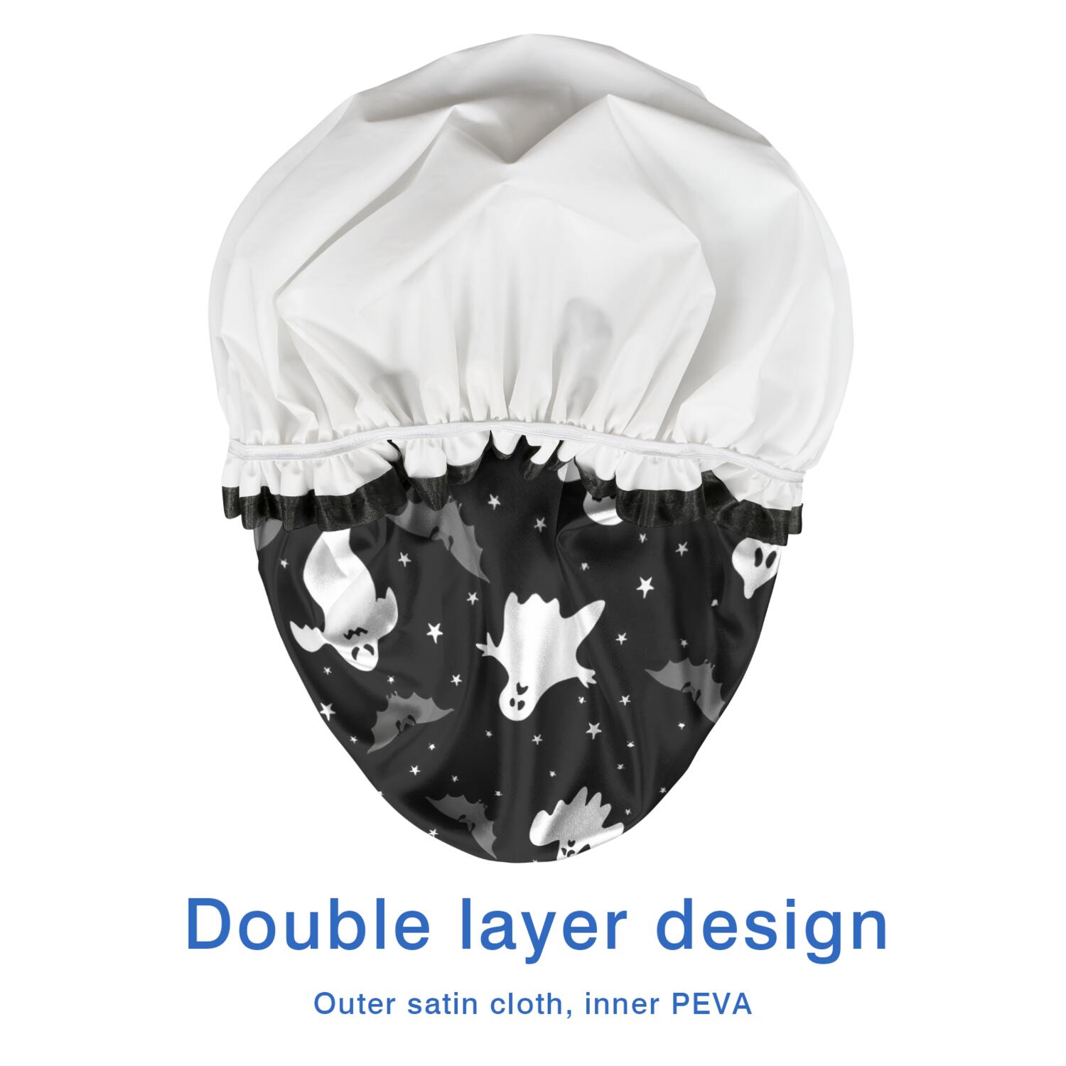 Shower Caps,Black Halloween Ghosts Bats and Stars Waterproof Shower Cap for Women 4 Pieces,Double Reusable Hair Cover for Shower PEVA Elastic Stretch Hem