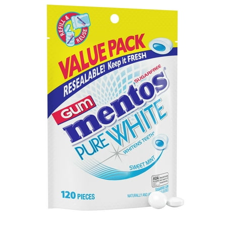 Mentos Pure White Sugar-Free Chewing Gum, Sweet Mint, Nut Free, 120 Regular Size Pieces