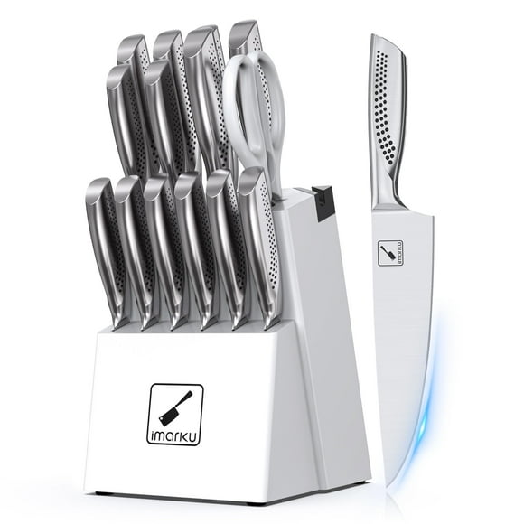 imarku Knife Set, Japanese HC Stainless Steel 15 PCS Kitchen Knife Set With Block With Built-in Sharpener, Razor-Sharp Blade Knife Block Set With Dotted Ergomomic Handl