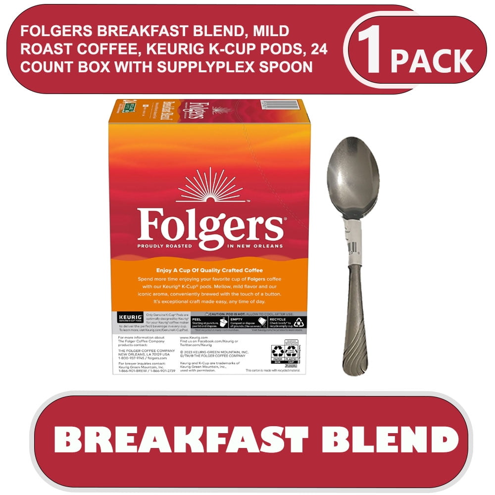 Folgers Breakfast Blend, Mild Roast Coffee, Keurig K-Cup Pods, 24 Count Box with supplyplex spoon