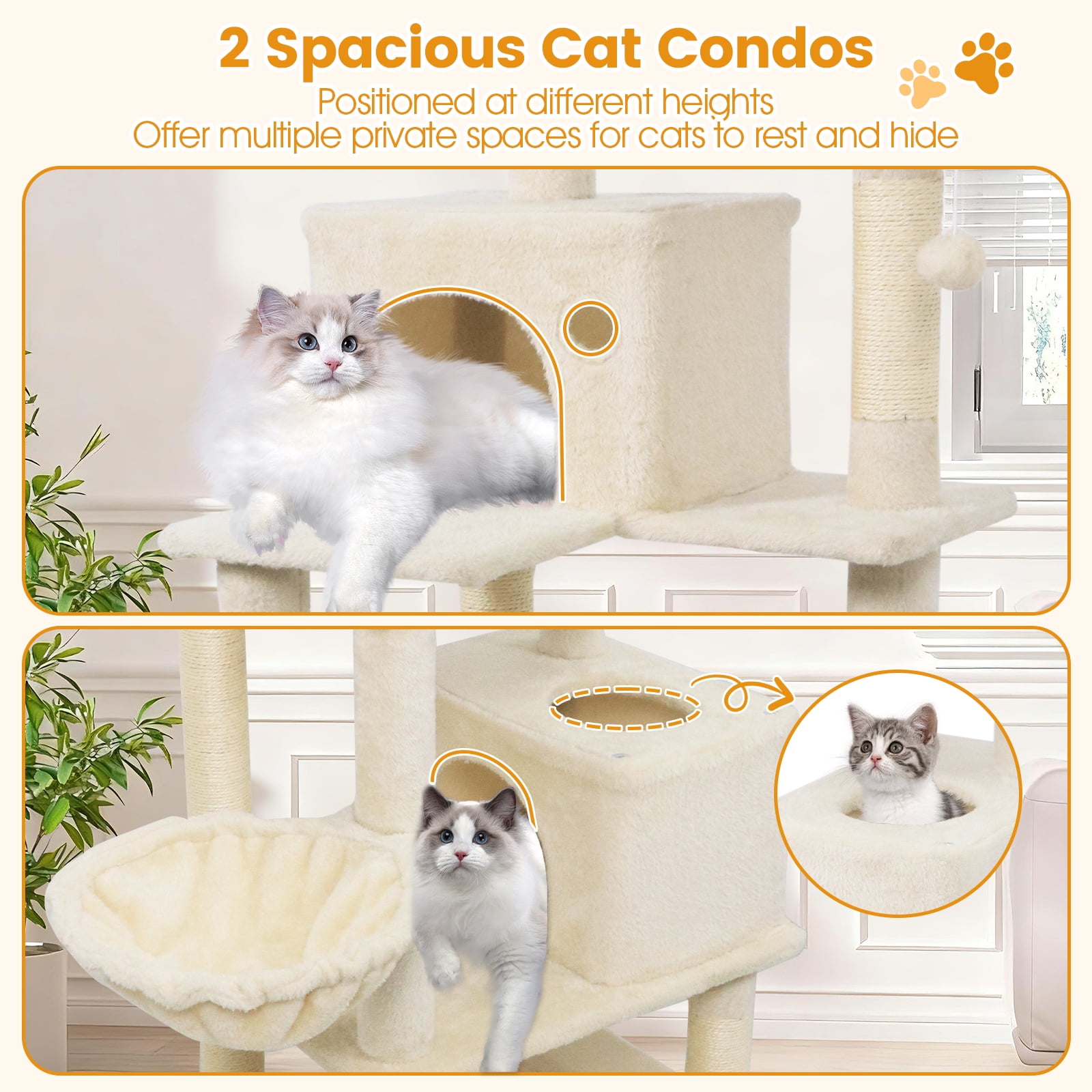 Gymax 66'' Tall Cat Tree w/2 Condos Sisal Scratching Posts Plush Perch Hammock Basket Beige