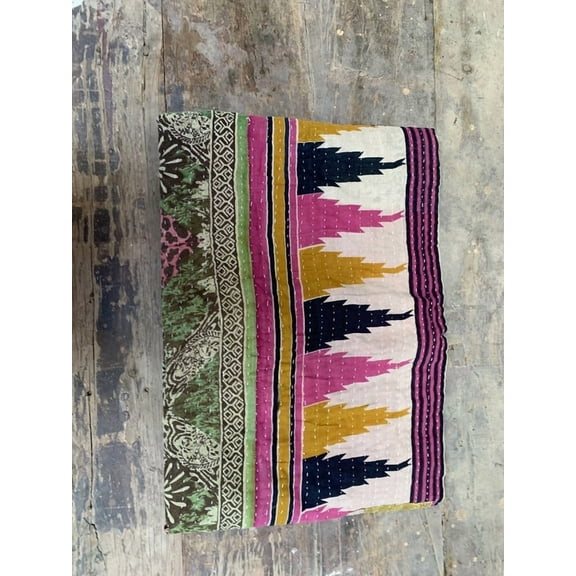 Kantha Work Gudari Quilted Floral Bedspread Winter Printed Mat Indian Blanket