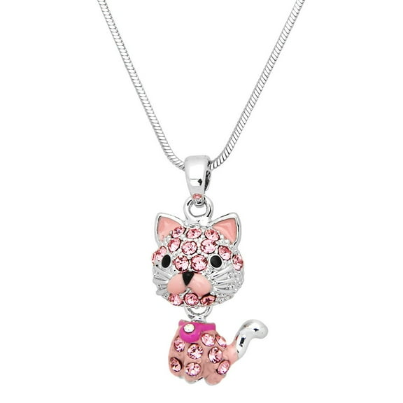 Pink Cat Pendant Necklace Rhinestone Crystal Rhodium Plated 17 Inch Snake Chain J0567-PK