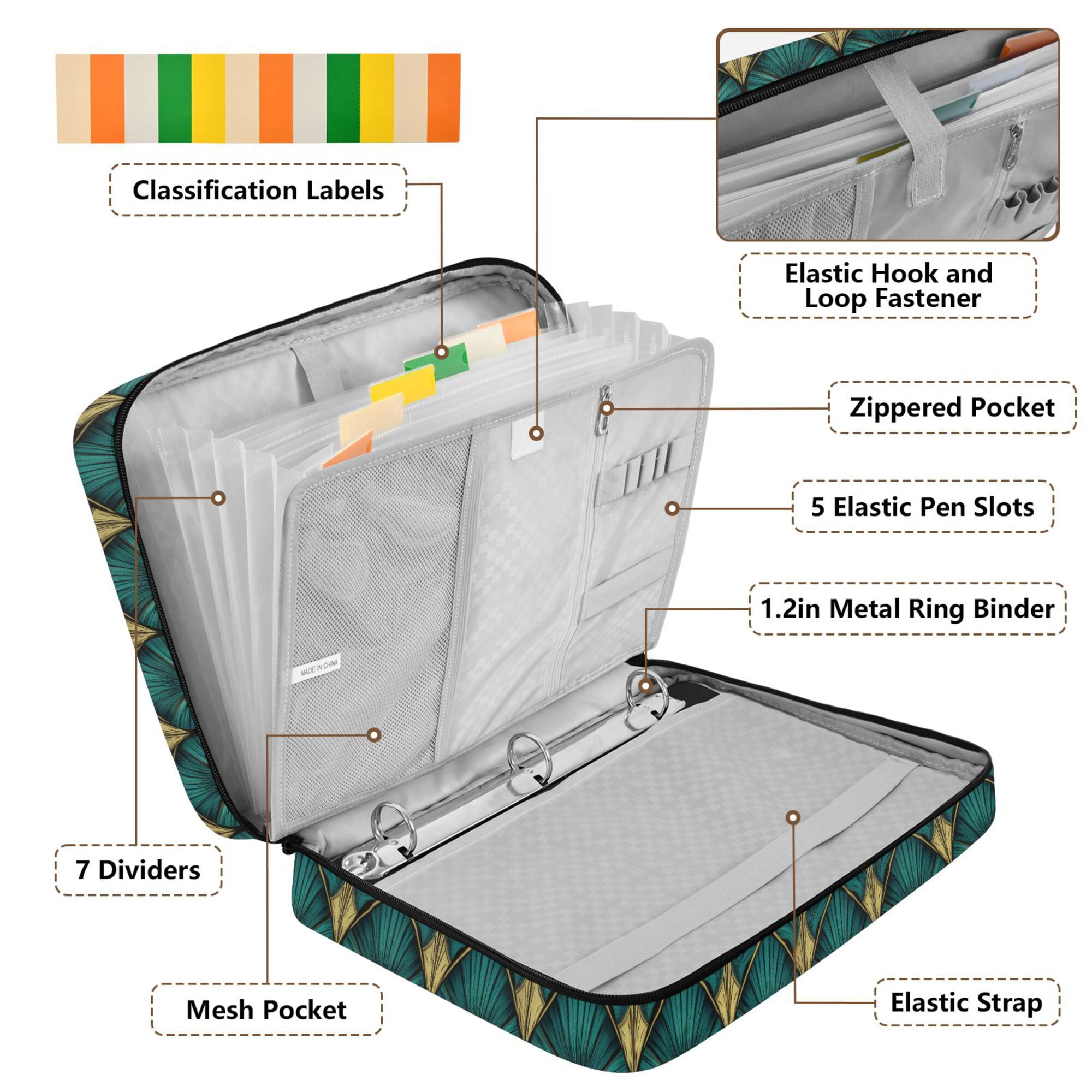 FORMRS Accordion File Folder A4 Size 7-Pocket Expanding Document Organizer Bag with 3 Ring Binder, Green Abstract Pattern