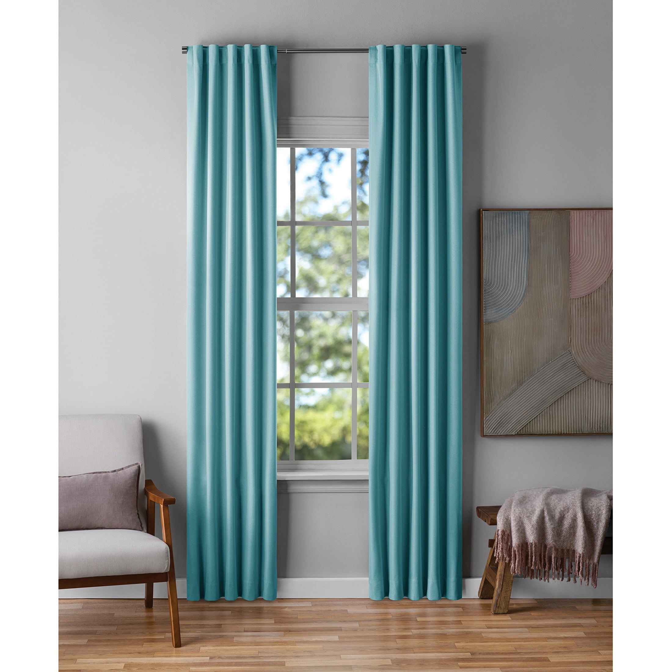 Mainstays Light Blue Solid Blackout Rod Pocket with Back Tabs Curtain Panel Pair, Set of 2, 30" W x 95" L