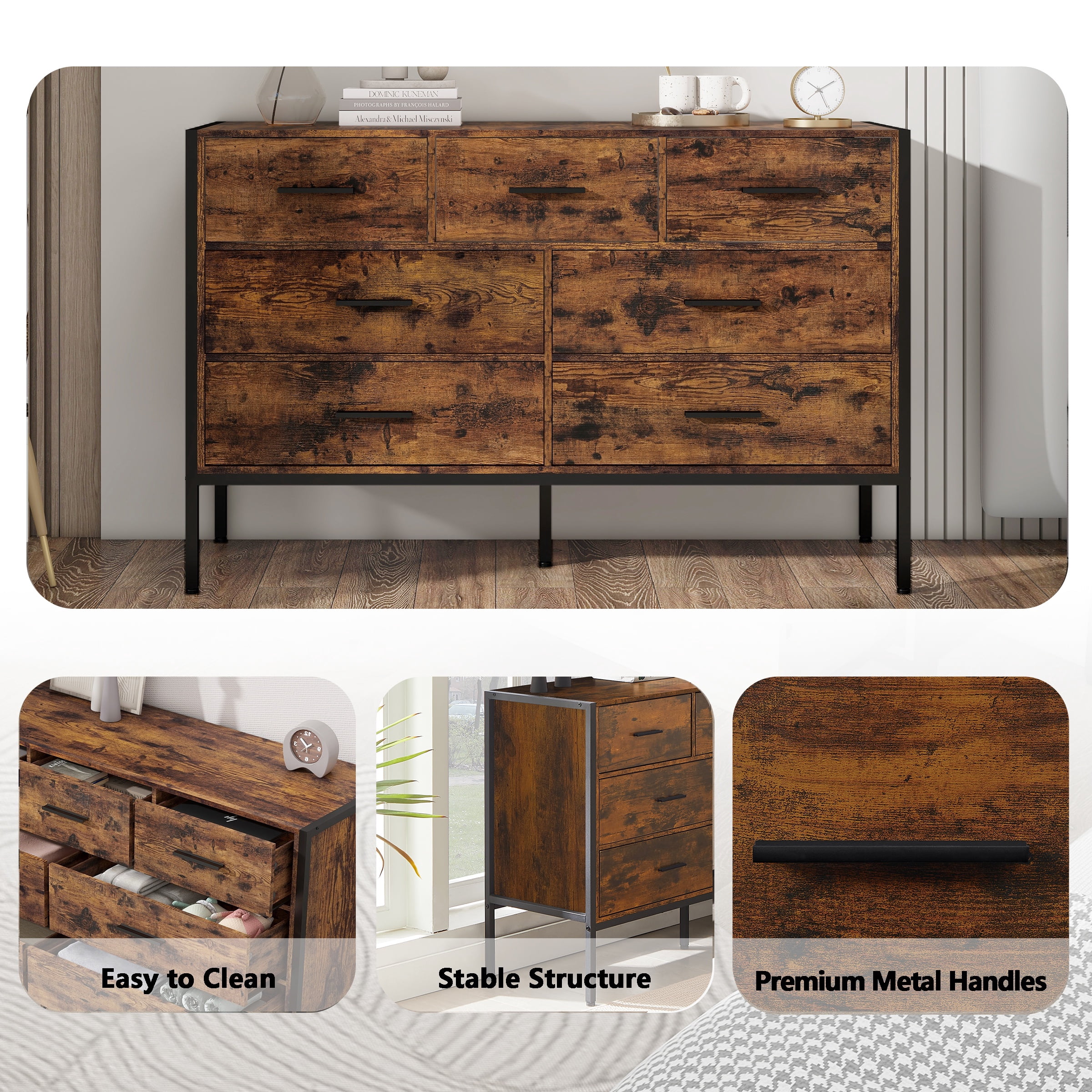 PORKISS 7 Drawer Dresser, Wood Chest of Drawers, Industrial Style Horizontal Dresser for Bedroom, Solid Clothes Storage Cabinet with Sturdy Steel Frame, Wooden Dresser Organizer, Brown