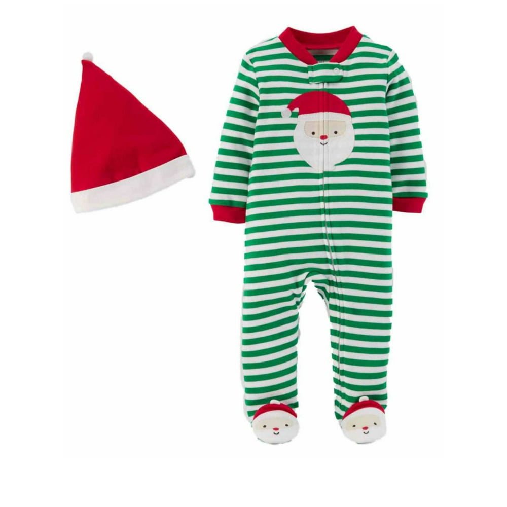 Carter's Carters Infant Boys Green Stripe Santa Claus Christmas Sleeper Pajamas & Hat