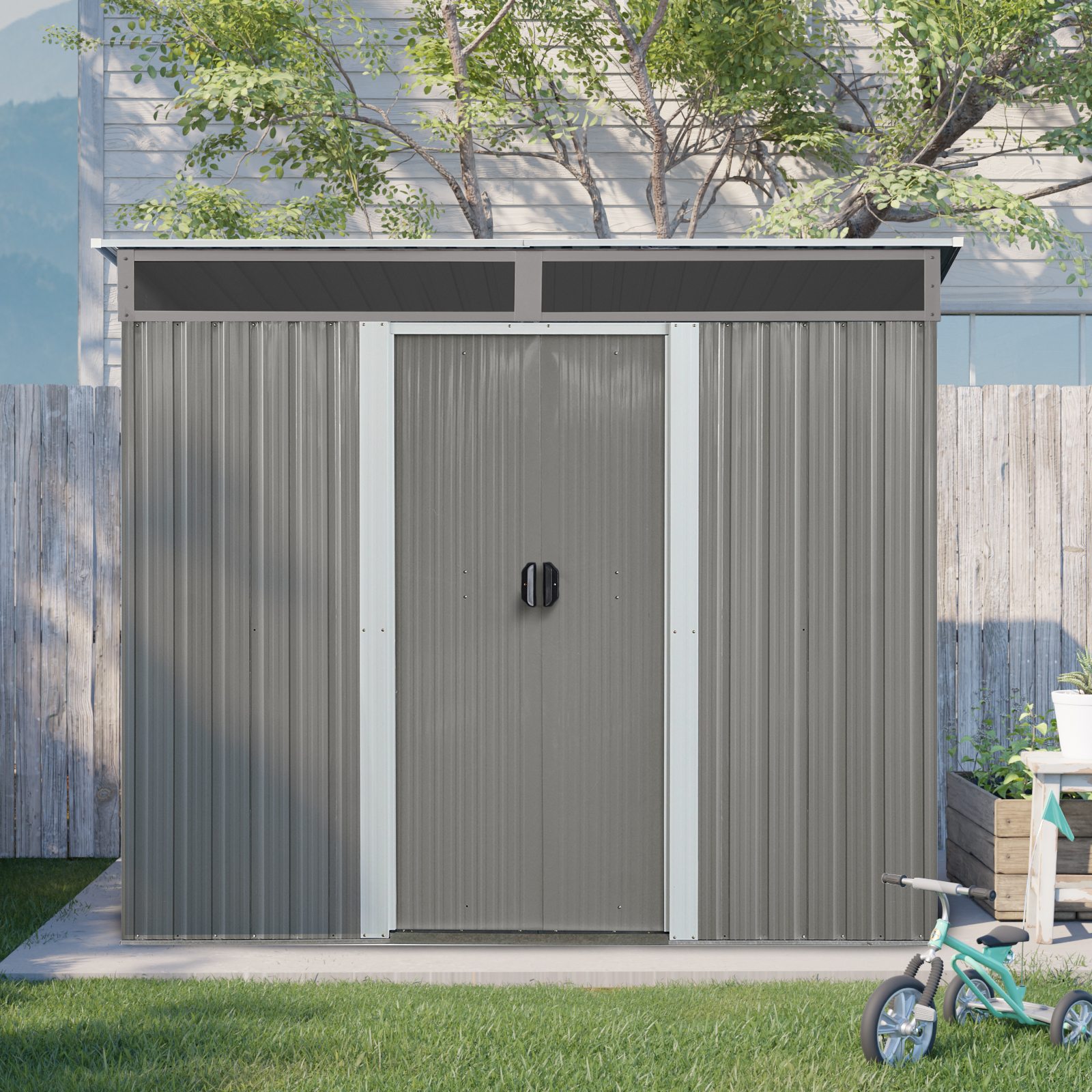 Alvantor Outdoor Storage Shed 8 x 6 Ft Metal Garden Shed with Sliding Doors and Transparent plate for Backyard, Garden Gray
