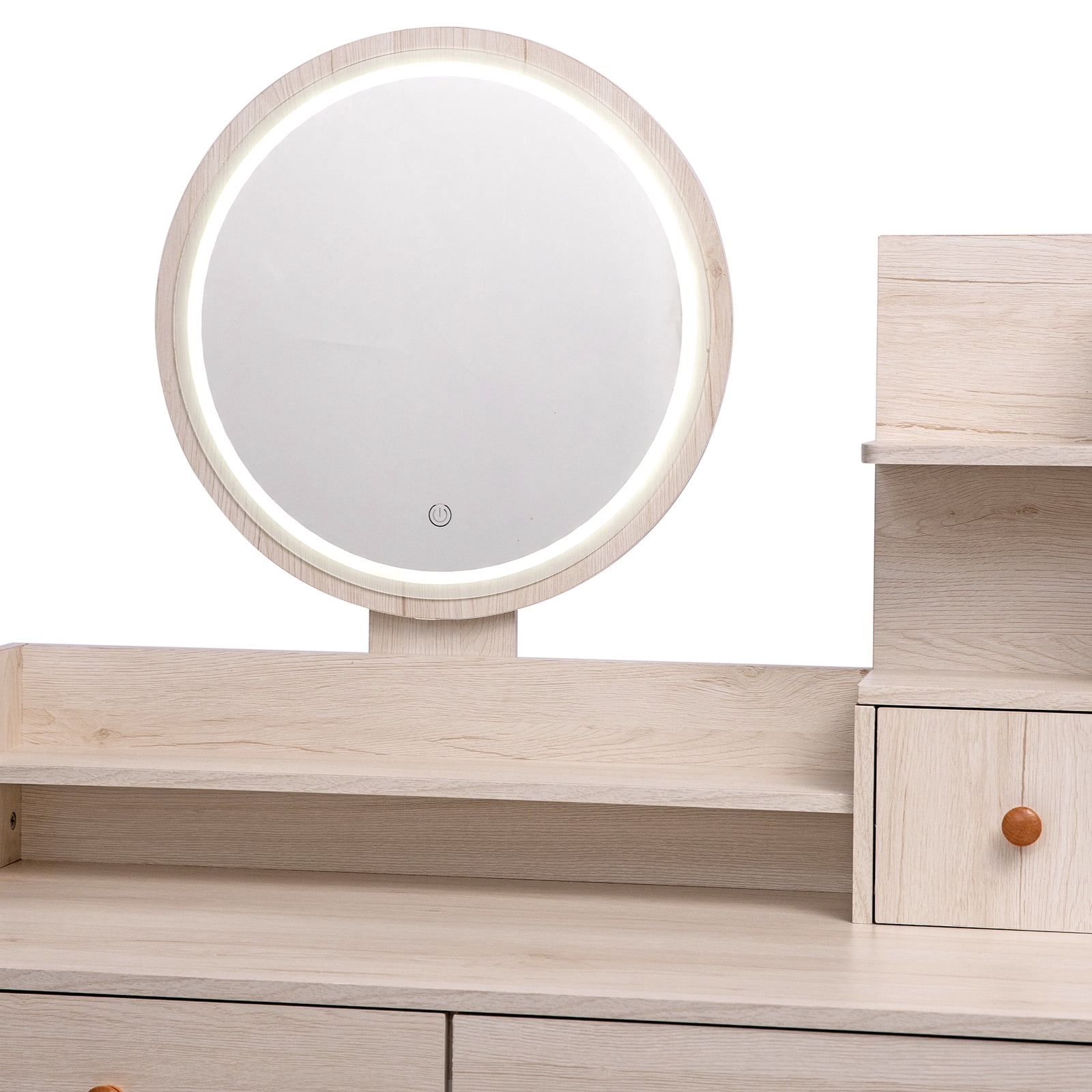 AENKYO Vanity Table Set with Touch LED Mirror & Stool, 5-Drawer Storage, Adjustable Makeup Desk for Girls & Women - White