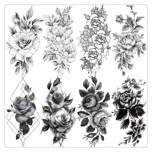 Vantaty 8 Sheets Petal 3d Black Flower Rose Temporary Tattoos For Women Waterproof Fake Body Art Arm Sketch Tattoo Stickers For Girls Shoulder Arm Leaf Tatoo Adults Beauty Walmart Com Walmart Com