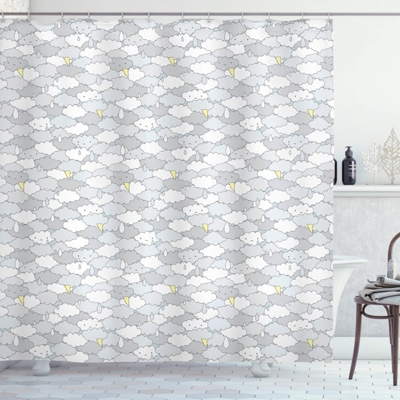 Grey and Yellow Shower Curtain, Sad Crying Clouds Stormy Weather Sky with Flash Arrows, Fabric Bathroom Set with Hooks, 69W X 75L Inches Long, Pale Grey Pale Yellow and White, by Ambesonne