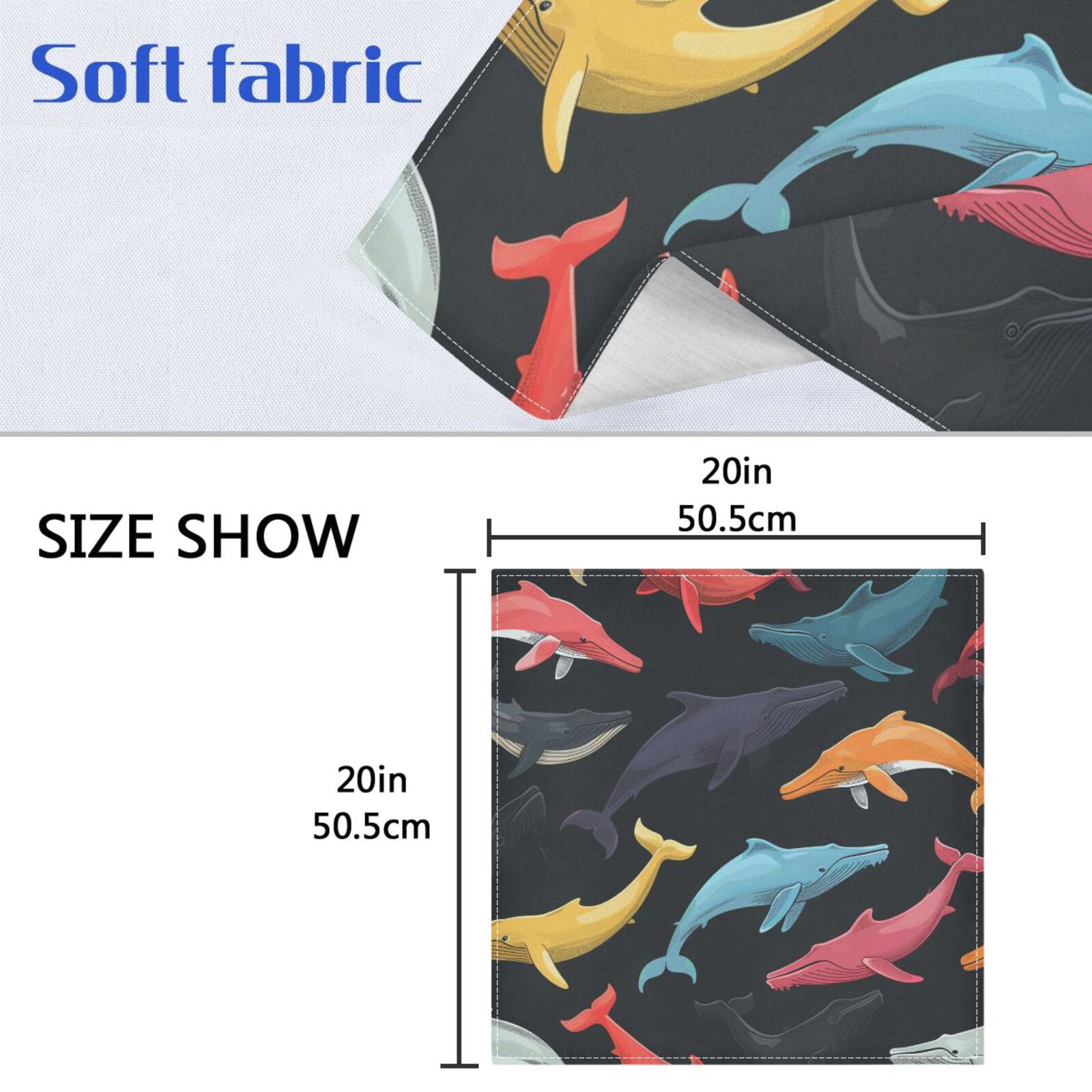 JSTEL Colorful Whale Cloth Napkins Set of 6, 20x20 Inch Washable and Reusable Napkin for Decoupage Dinner Party Everyday Use