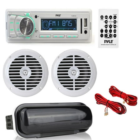 Pyle PLMR88W Marine AM/FM Stereo Player Yacht Boat Receiver, PAIR of PLMR67W 6.5-Inch 120W Dual Cone Waterproof Marine Boat Speakers with Marine Radio Stereo Head Unit Dust