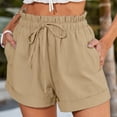 thumbnail image 2 of Pantalones cortos de mujer Pantalones cortos con volantes en la cintura elástica Pantalones casuales con dobladillo enrollado con cordón Pantalones de verano de color puro Caqui S, 2 of 5