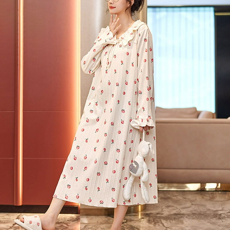 Defitshape Women's Cute Long Sleeve Nightgown Padded Midi Sleep