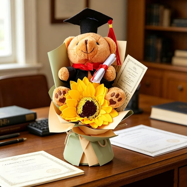 Girasol Oso de Peluche Ramo de Flores Regalo de Graduación para Celebraciones y Decoración de Fiestas, Materiales Suaves y Duraderos, Incluye 1 Pieza