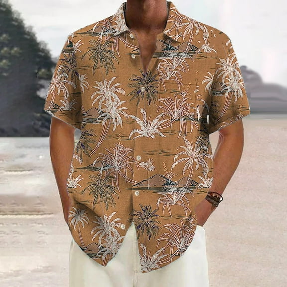 Ukumplol Shirts for Men Mens Shirts Fashionable and Casual Men's Coconut Tree Collar Short Sleeved Pocket Shirt Mens Undershirts Mens Polo Shirts Short Sleeve Polyester Khaki L